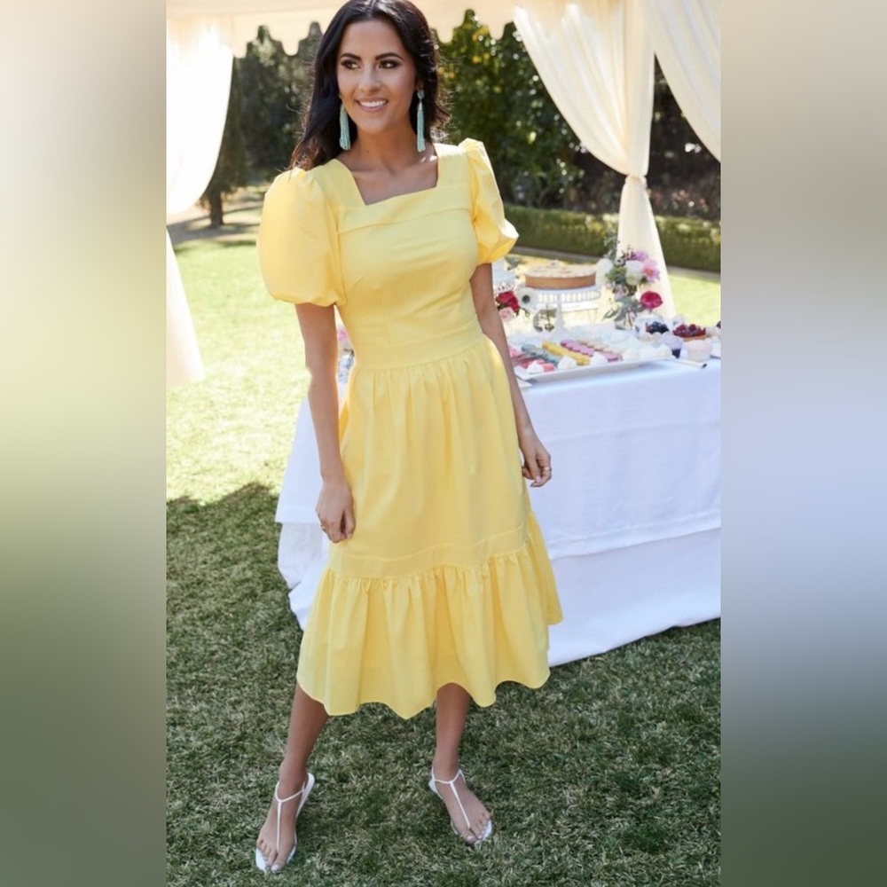 Rachel Parcell Yellow Short Puff Sleeve Midi Square Neckline  Babydoll Dress